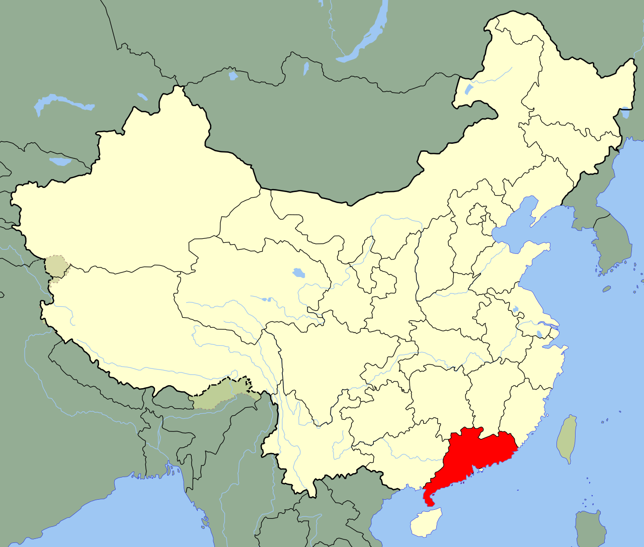 Mapa das regiões da China com destaque em vermelho para a província de Guangdong.