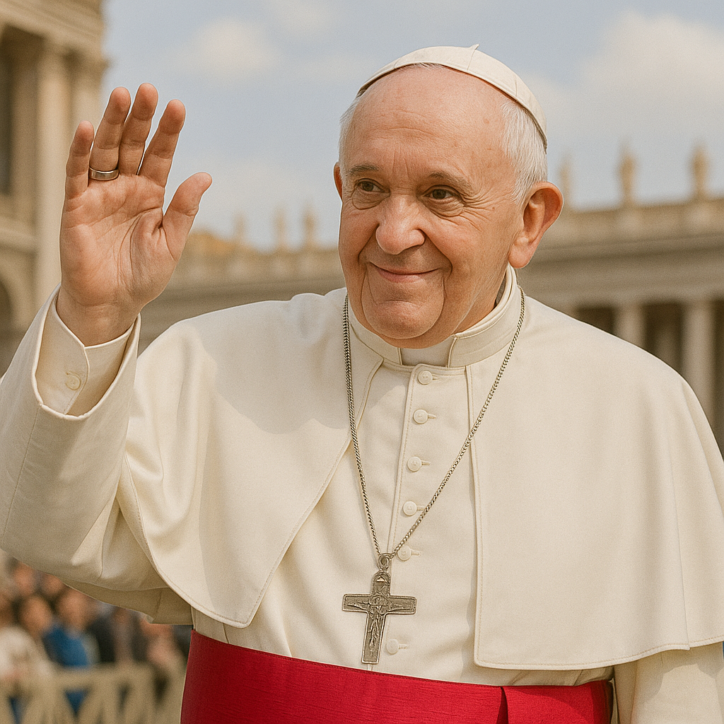 Imagem do Papa Francisco acenando para o povo no Vaticano