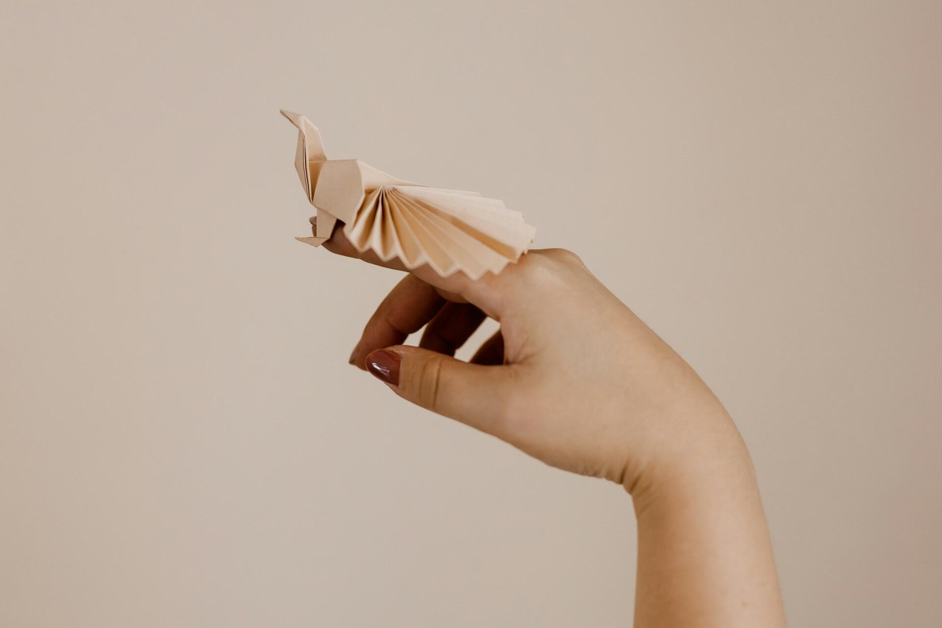 Mão segurando um origami d pássaro