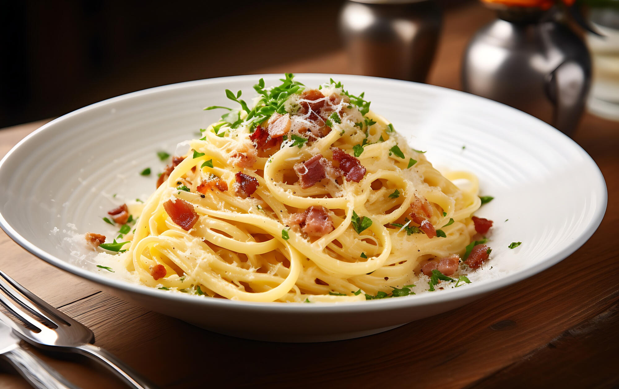 Espaguete à carbonara no prato.