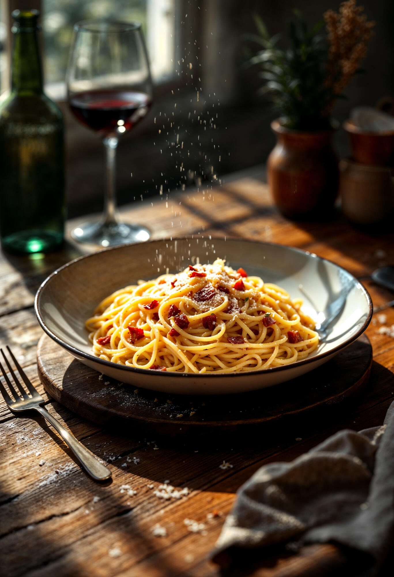 Prato de macarrão à carbonara finalizado.