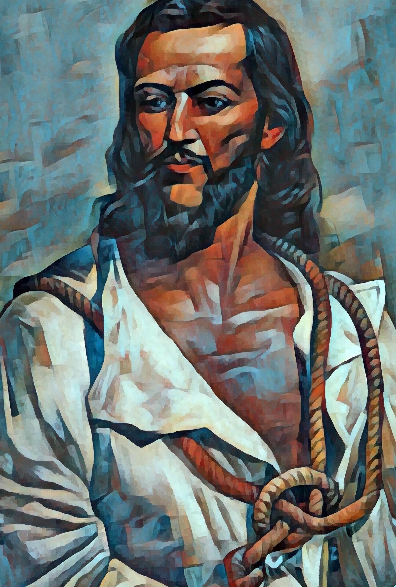 Pintura de Tiradentes com uma corda no pescoço.