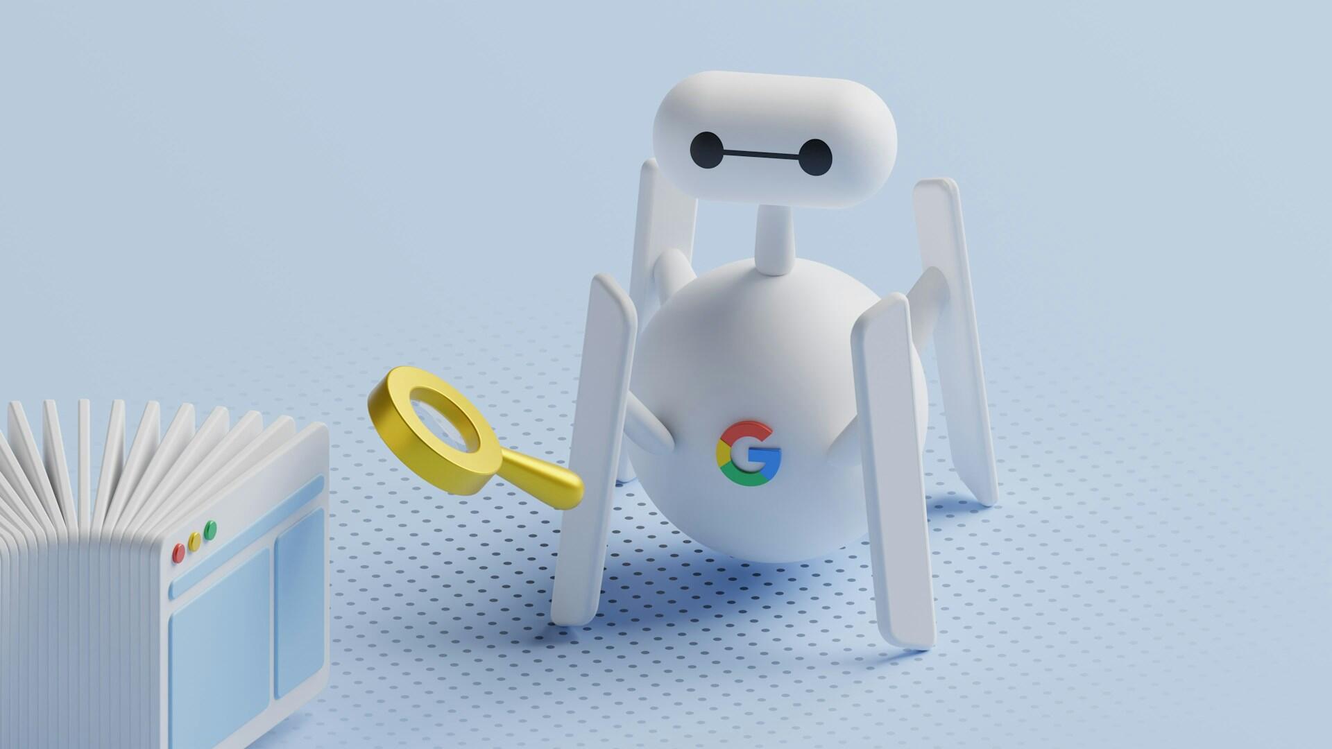 Imagem de um robô com o símbolo da Google e uma lupa.