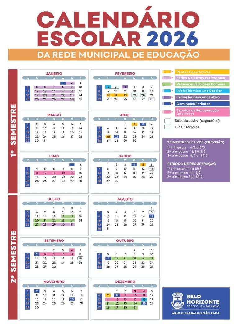 Calendário Escolar de Belo Horizonte.