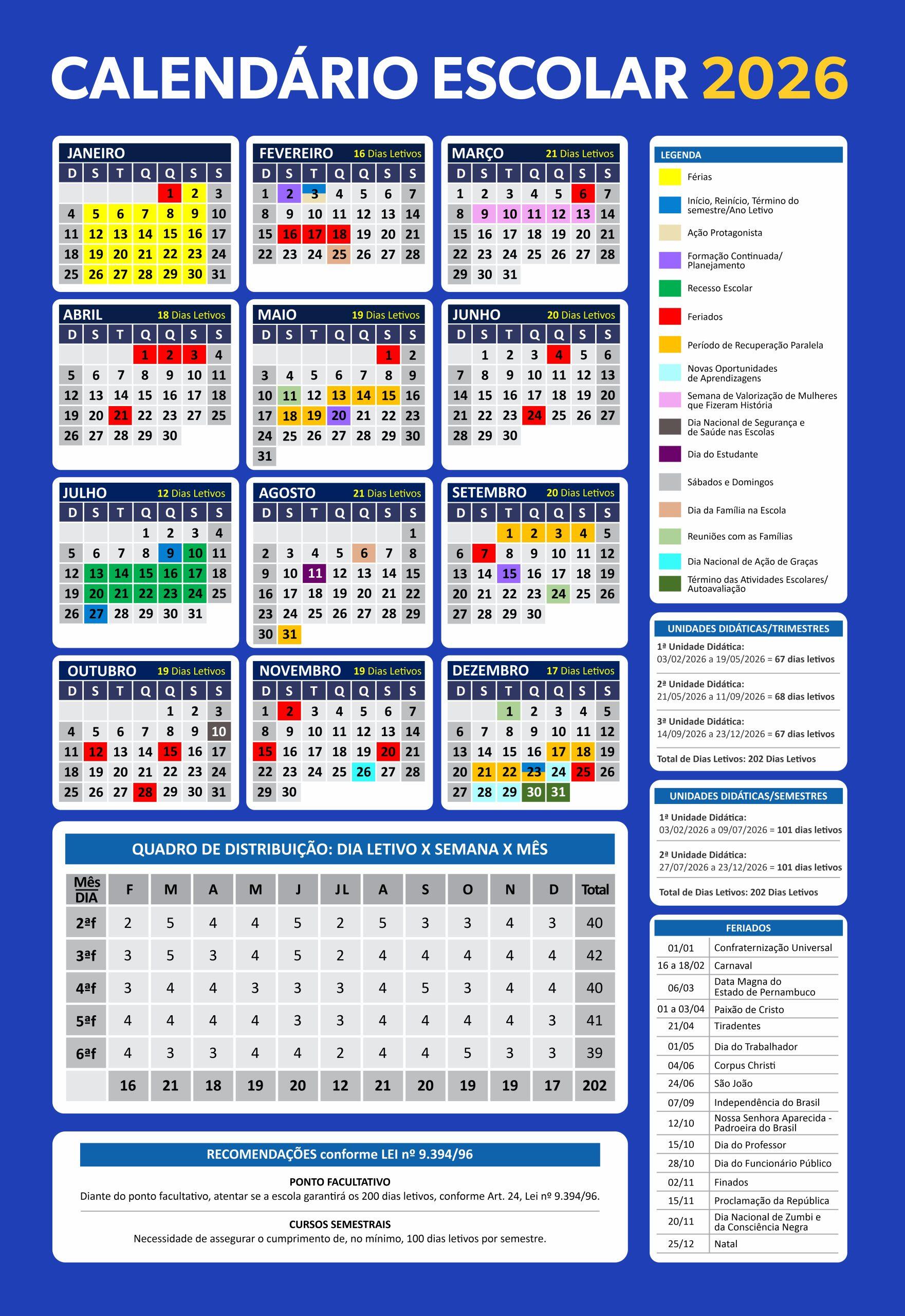Calendário Escolar do Estado de Pernambuco.