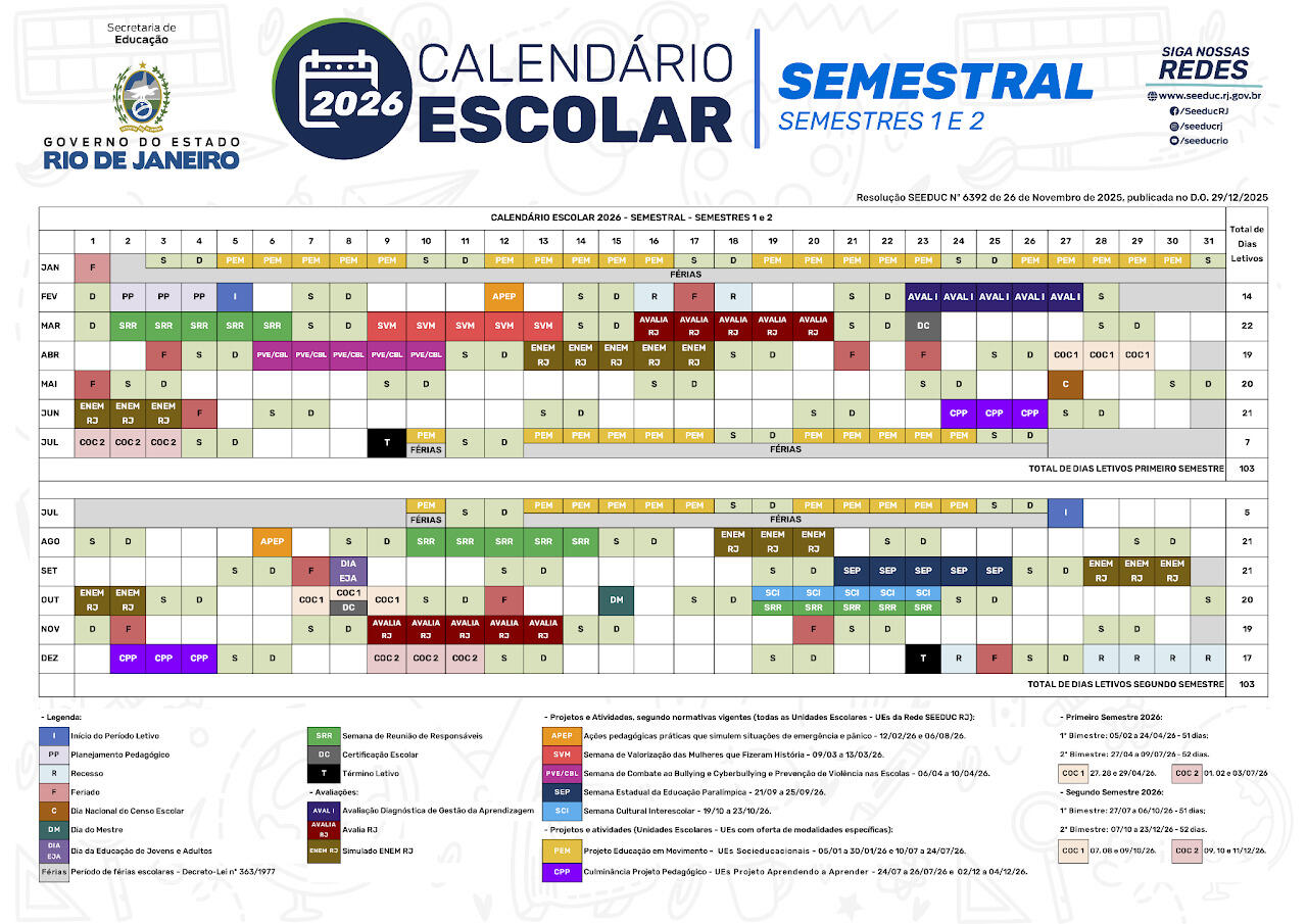 Calendário escolar do Rio de Janeiro.