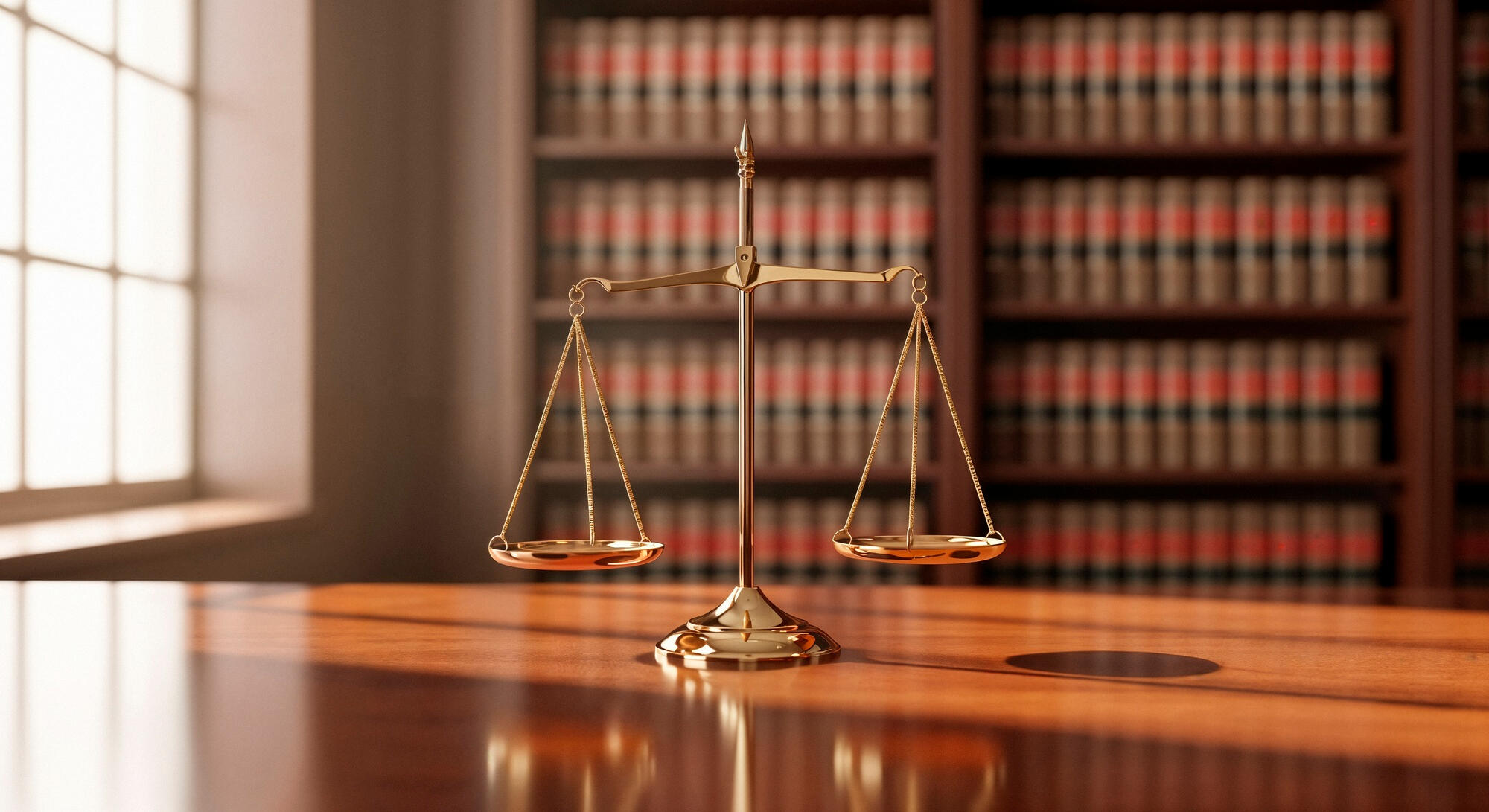 Livros na estante e símbolo do direito em cima da mesa.