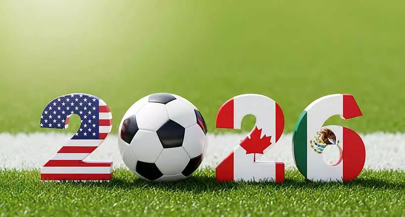 Imagem com o ano da copa do mundo 2026 e os números representando as bandeiras dos países-sede.