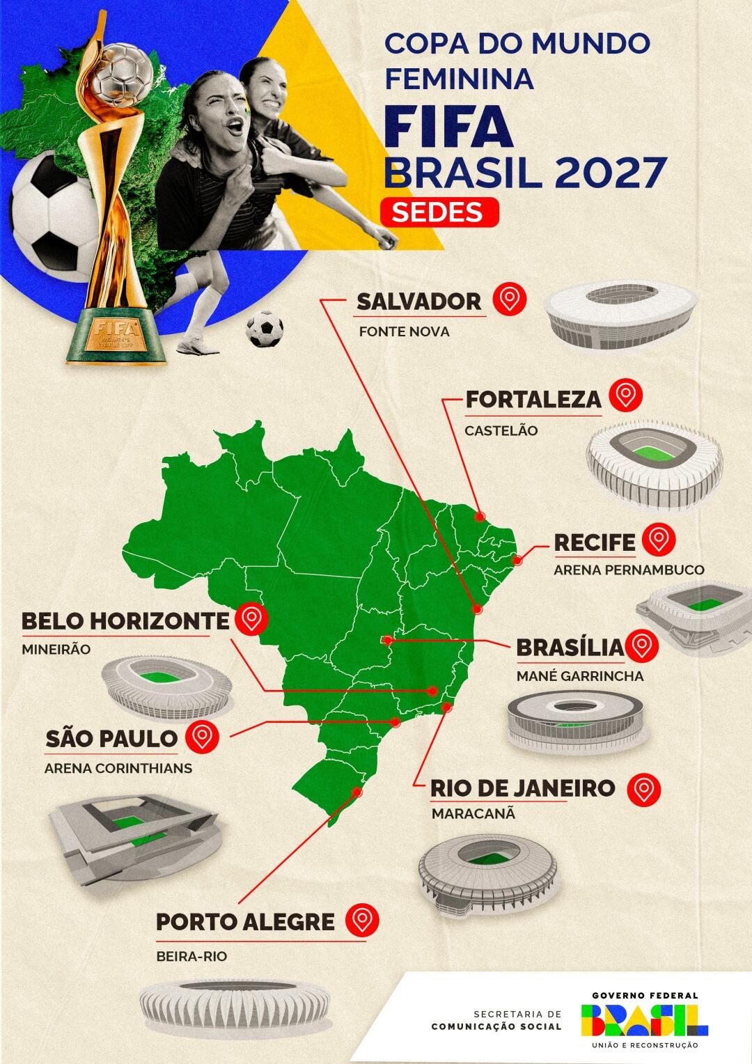 Mapa com os estados e estádios onde ocorrerão os jogos da Copa do Mundo feminina de 2027. 