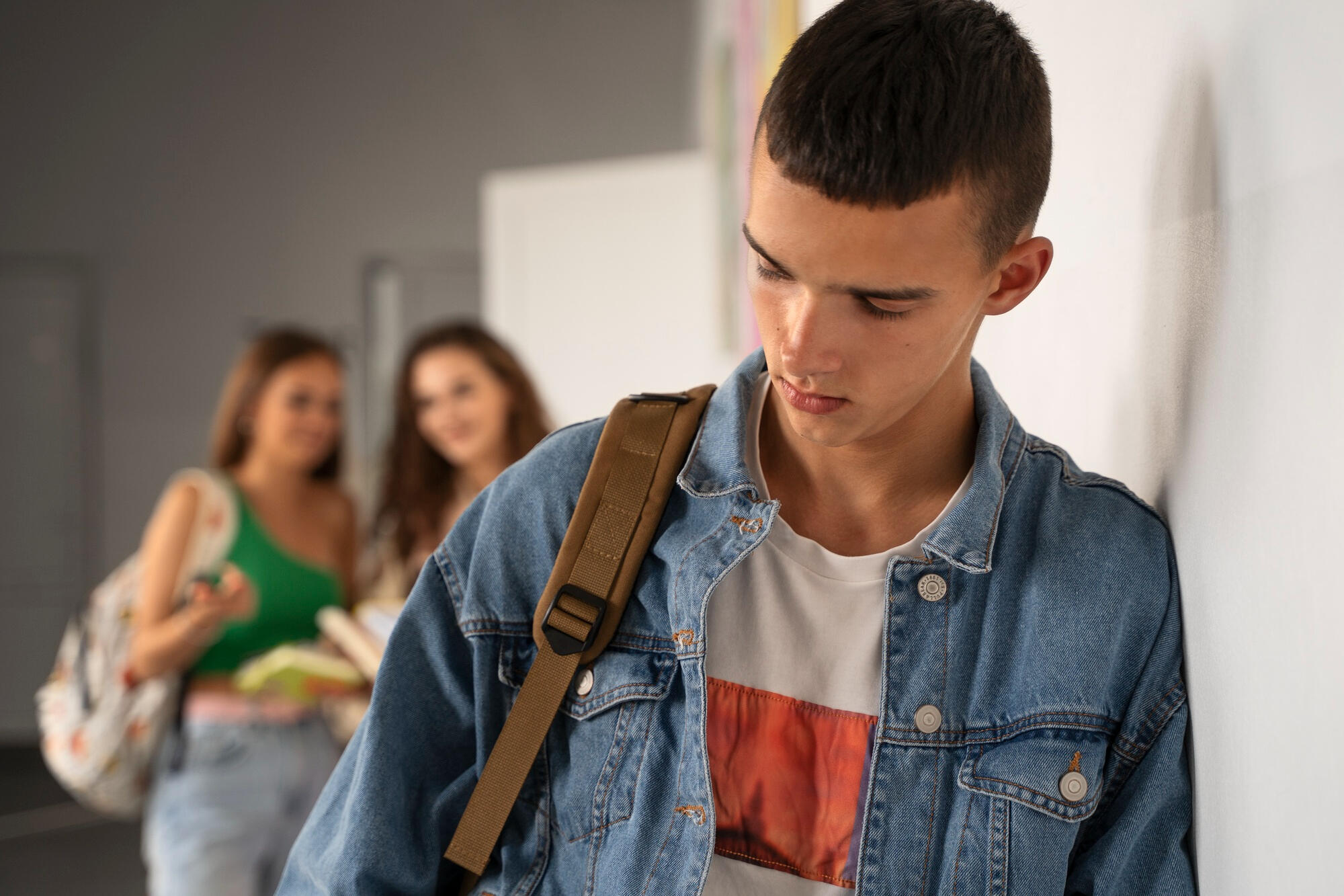 Estudante triste com alunas o excluindo no ambiente escolar.