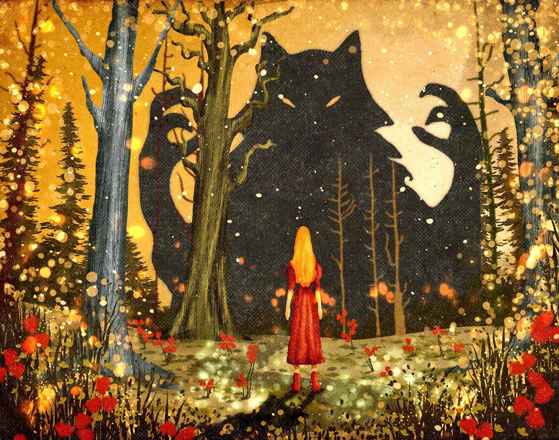 Imagem ilustrada da chapeuzinho vermelho e do lobo mau