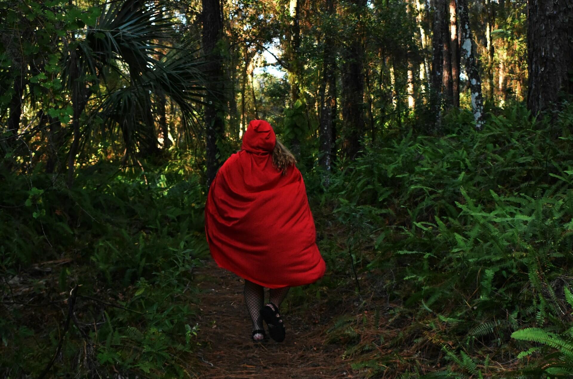 Imagem de uma menina com um capuz vermelho correndo por uma floresta.