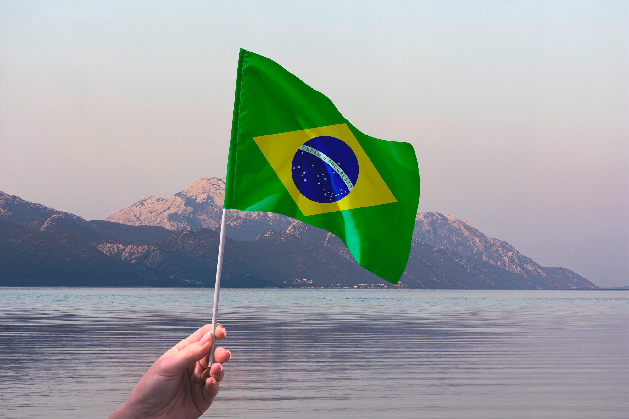 Pessoa segurando a bandeira do Brasil com a mão em meio à paisagem.