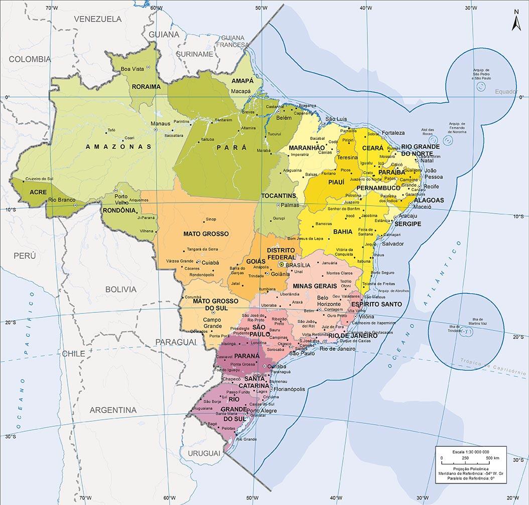 Mapa do Brasil com suas divisões administrativas. 