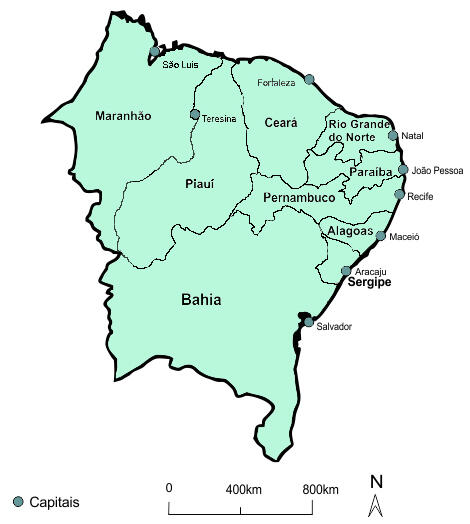 Mapa da região Nordeste do Brasil.