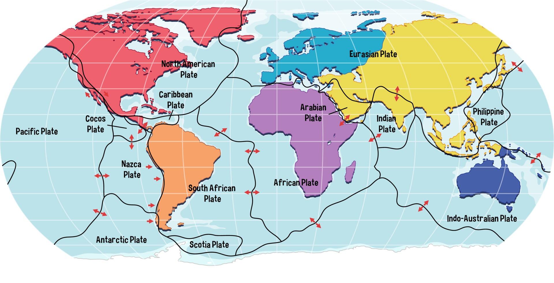 Mapa mundi mostrando os limites das placas tectonicas