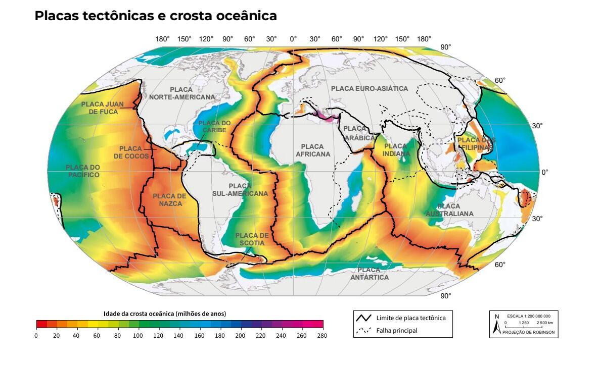 Mapa do Atlas Escolar do IBGE que mostra as placas tectônicas terrestres