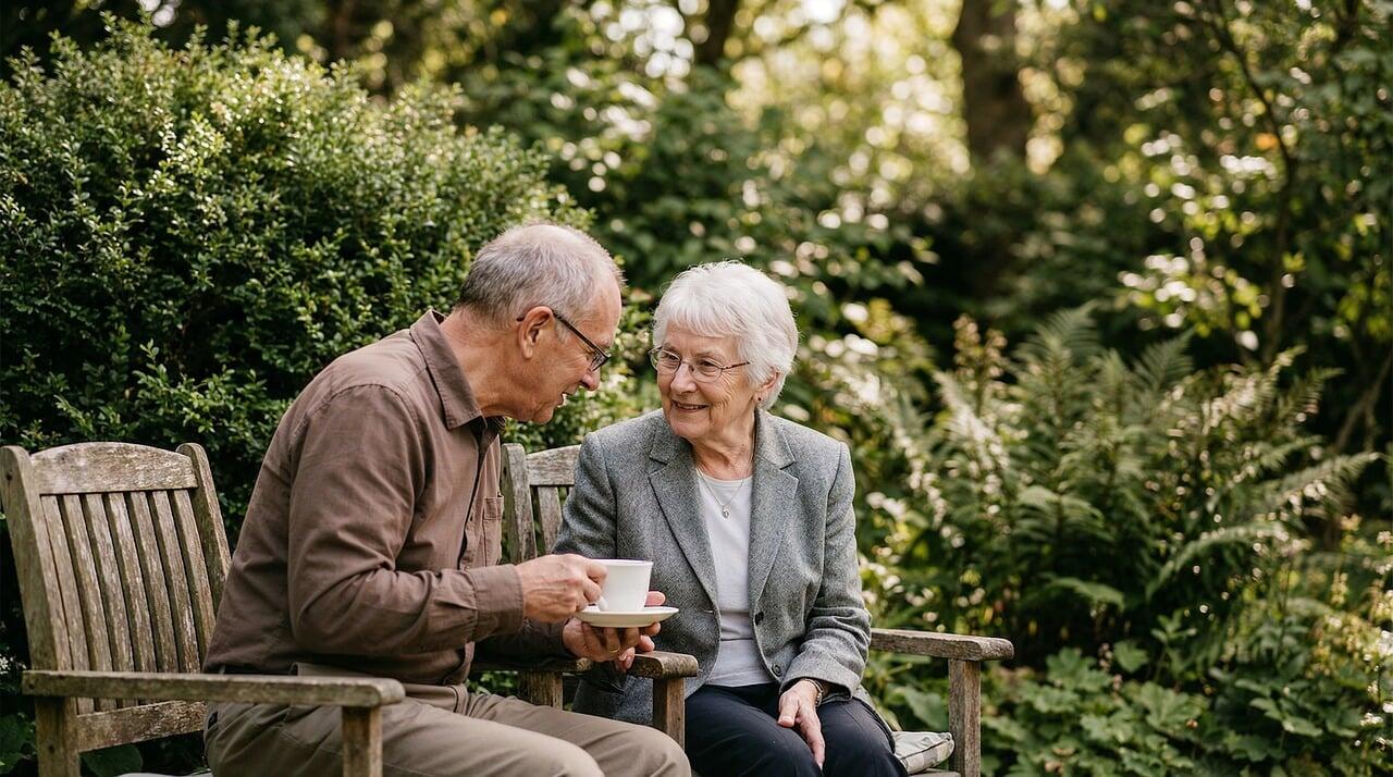 Dois idosos sentados em tomando um café.