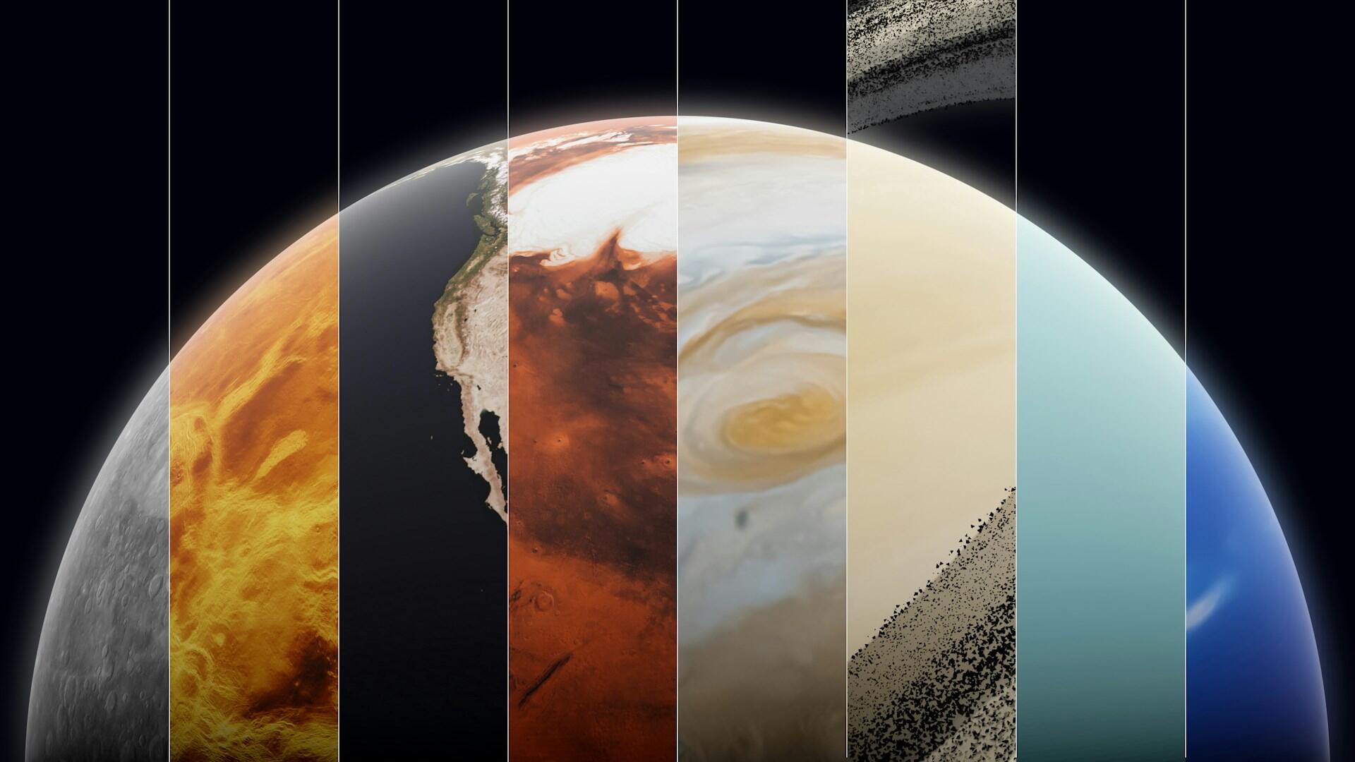 Montagem com os planetas do sistema solar.