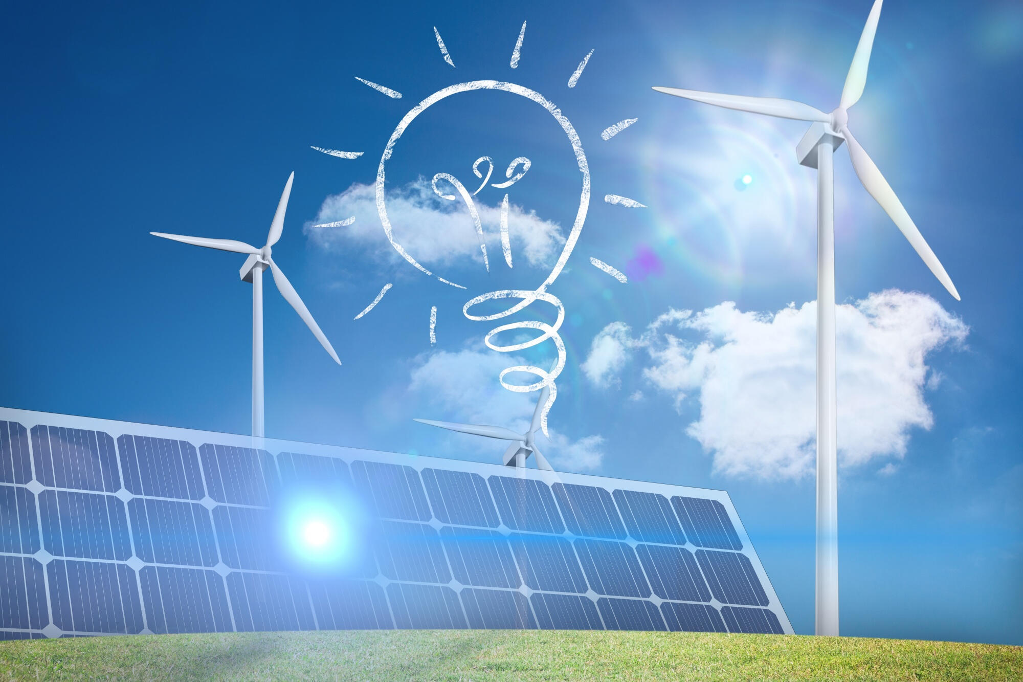 Luz e fonte de energia eólica e solar com céu ao fundo.