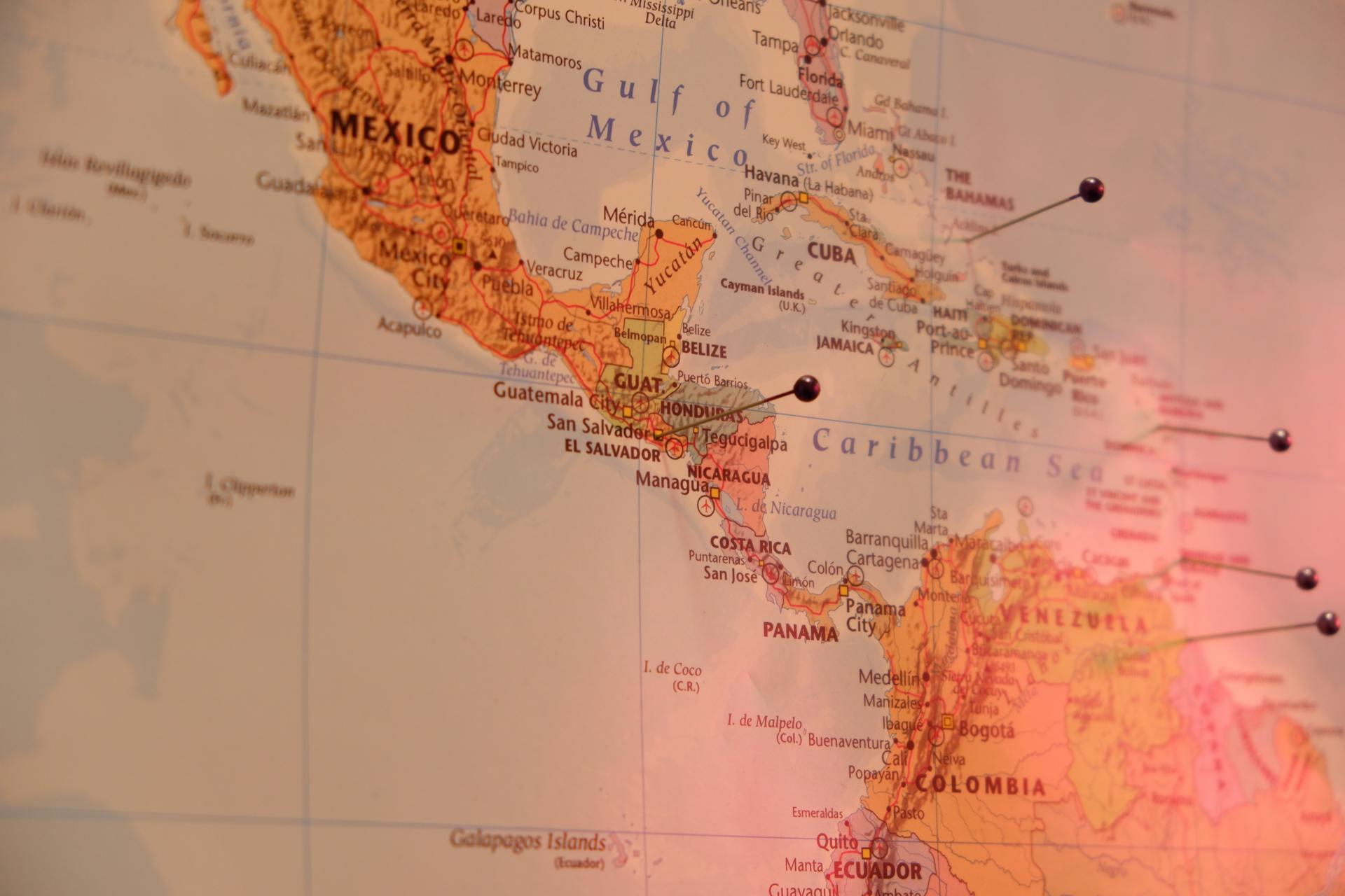 Map showing Mexico, Central America, and northern South America with pins in Guatemala, Cuba, and Venezuela.