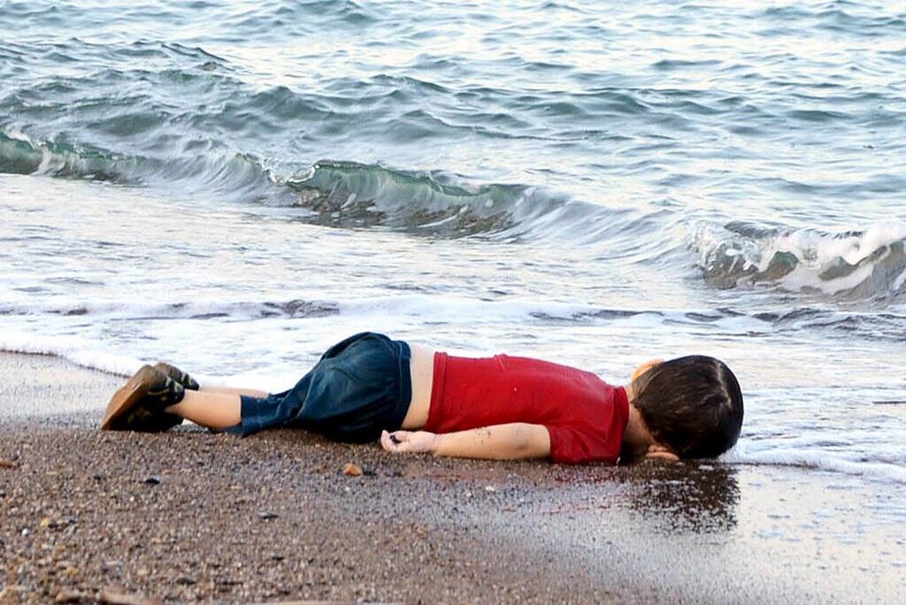 A young child wearing a red t shirt and blue jean shorts looking dead on the shore.