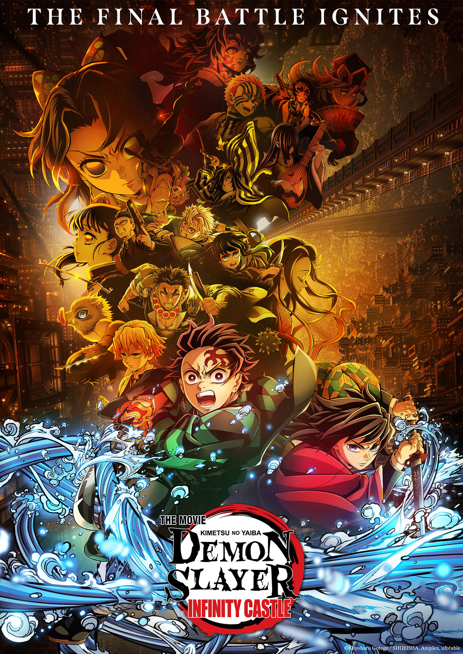 Vibrant poster featuring characters from "Demon Slayer: Infinity Castle" with dynamic water and action elements, showcasing intense battle scenes.