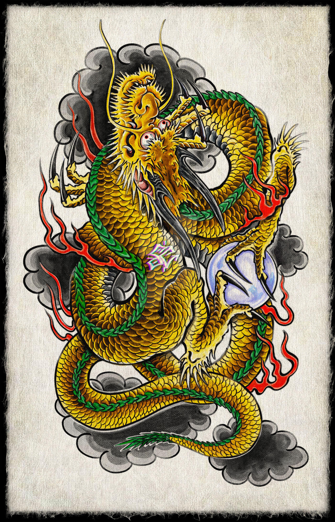 Illustration of a traditional yellow Asian dragon with green accents, red flames, and black smoke, clutching a glowing white orb.