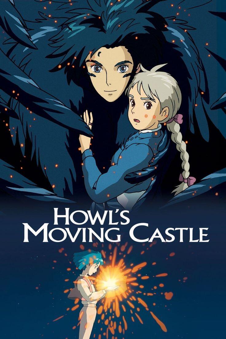 A scene from "Howl's Moving Castle," featuring a character surrounded by magical energy and dark, swirling shapes.