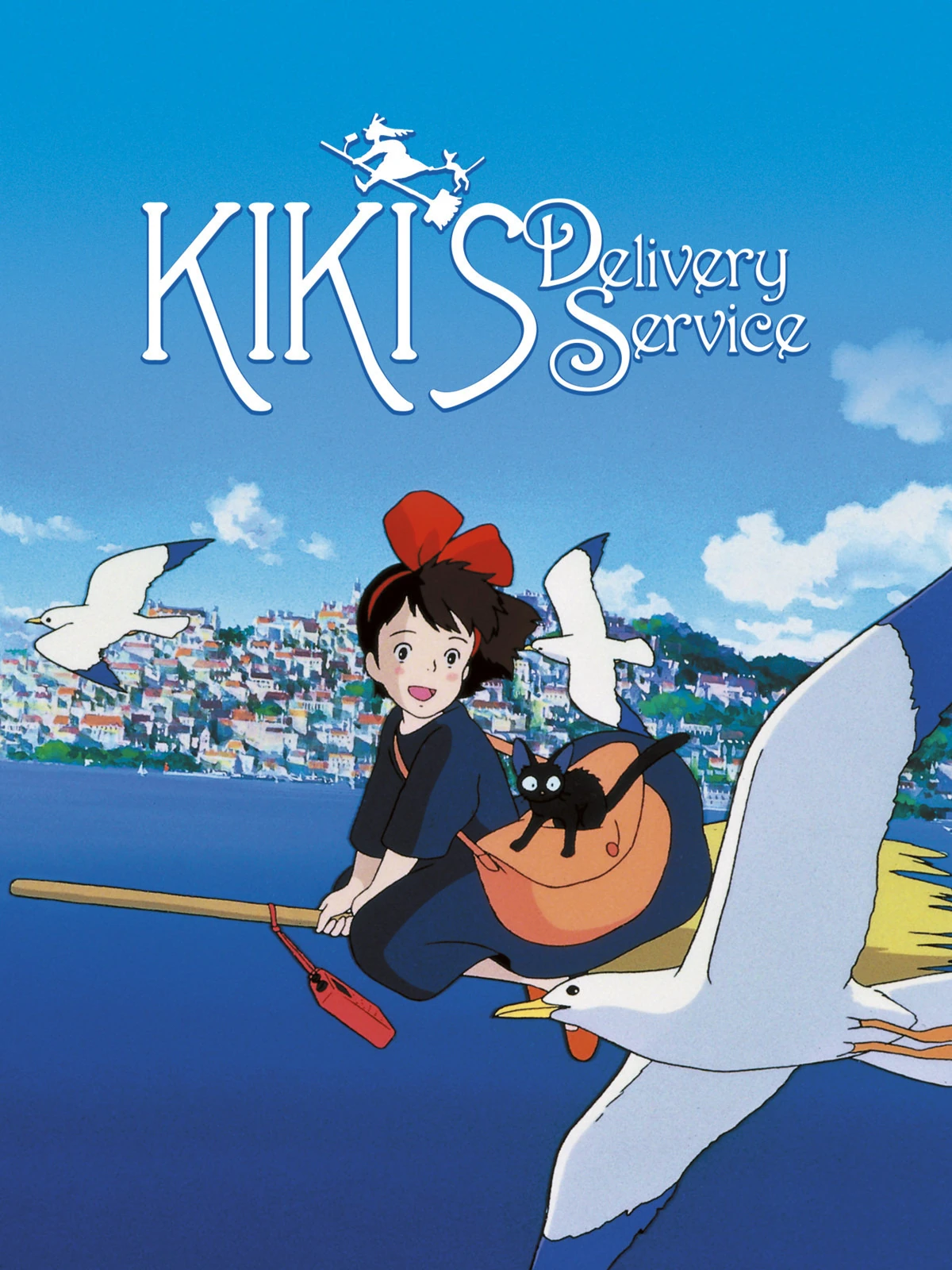 Kiki, a young witch with a red bow, flies on her broom over a coastal city, accompanied by her black cat and seagulls.