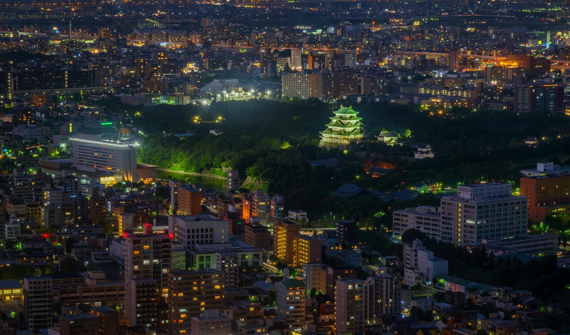 Night aerial view of a city with illuminated buildings and a brightly lit traditional castle surrounded by greenery.