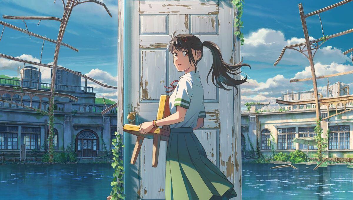 A girl in a school uniform stands by an open door, holding wooden planks, with a serene, overgrown, abandoned building in the background.