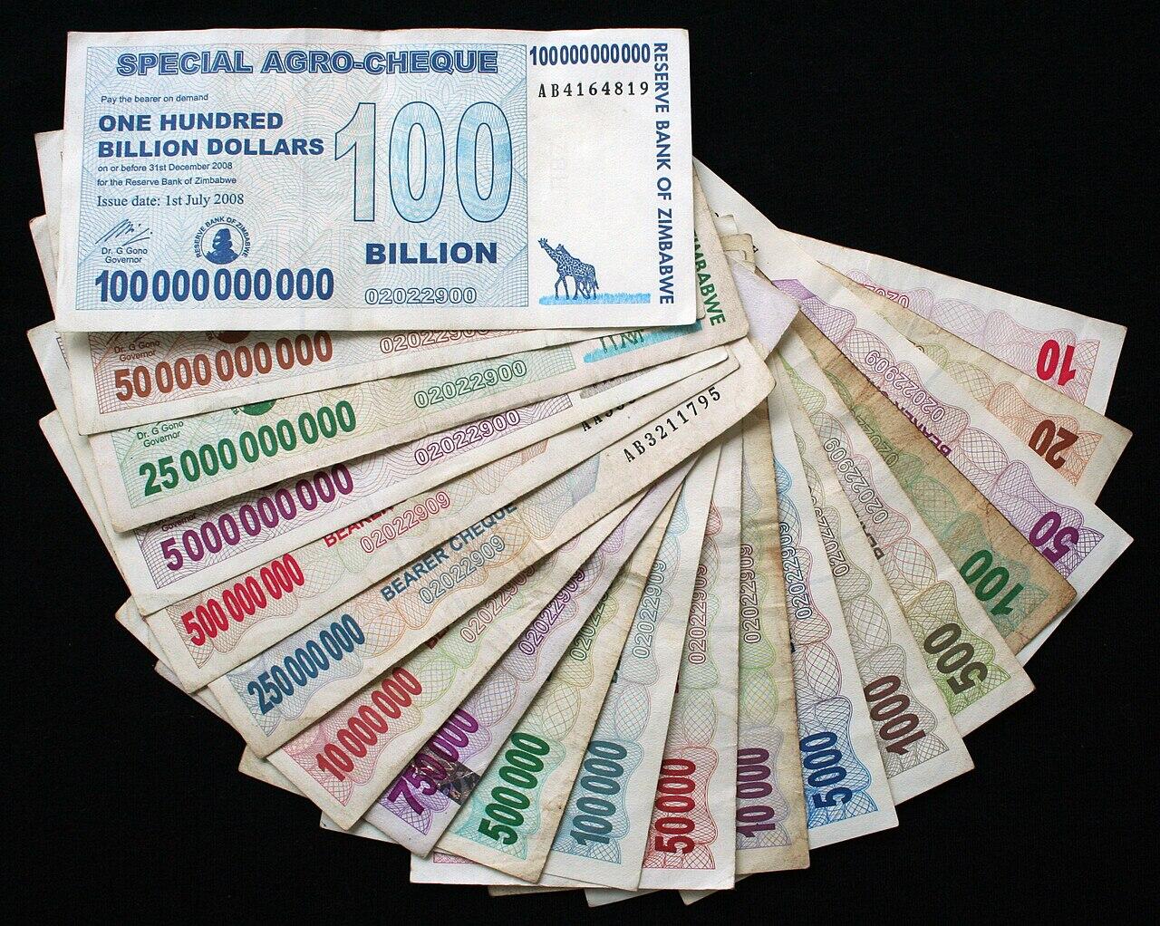 various Zimbabwe paper dollars ranging in value from 10 to one hundred billion dollars