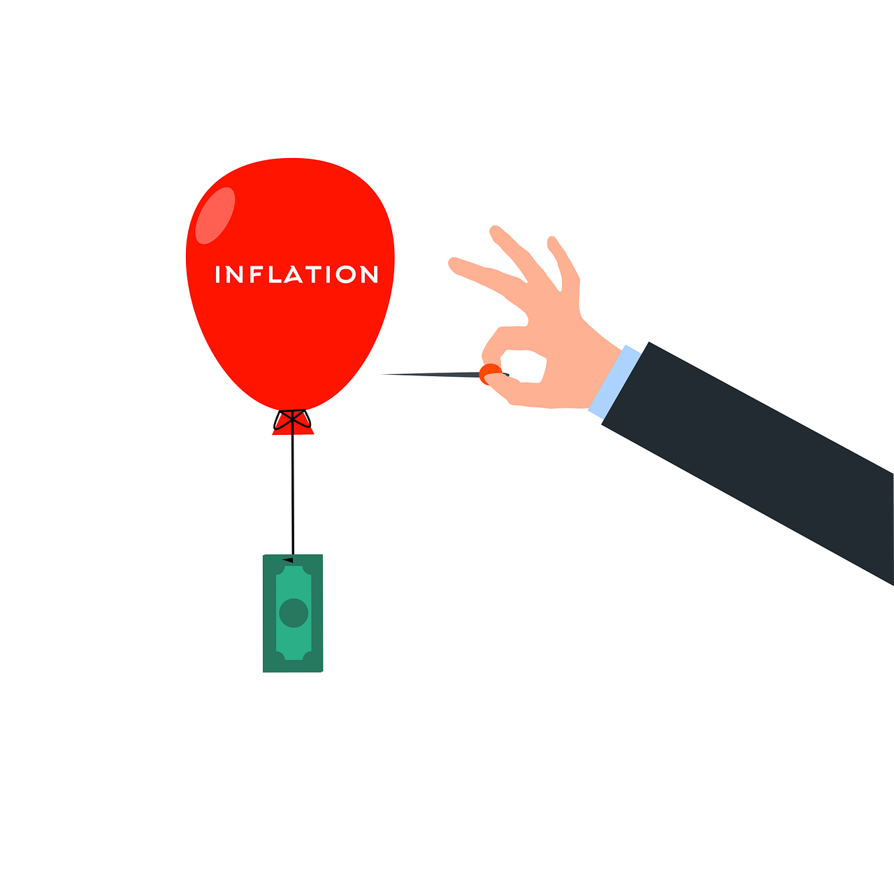 A digital illustration of a red balloon labeled “INFLATION” with a dollar bill attached to its string. A hand in a business suit holds a pin, appearing ready to pop the balloon. The background is plain white.