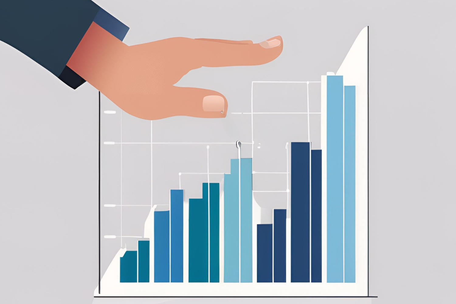A digital illustration of a hand hovering over a rising bar chart with blue bars, set against a light gray background. The chart has a white grid and lines, representing economic growth or financial trends.