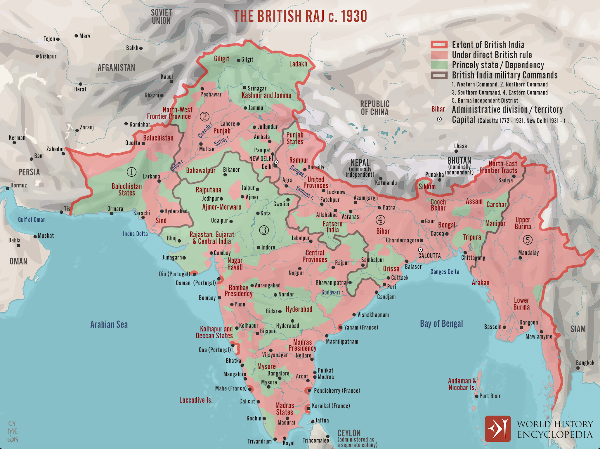 Historical map showing British India around 1930, including territories under direct British rule (in red) and princely states (in green).
