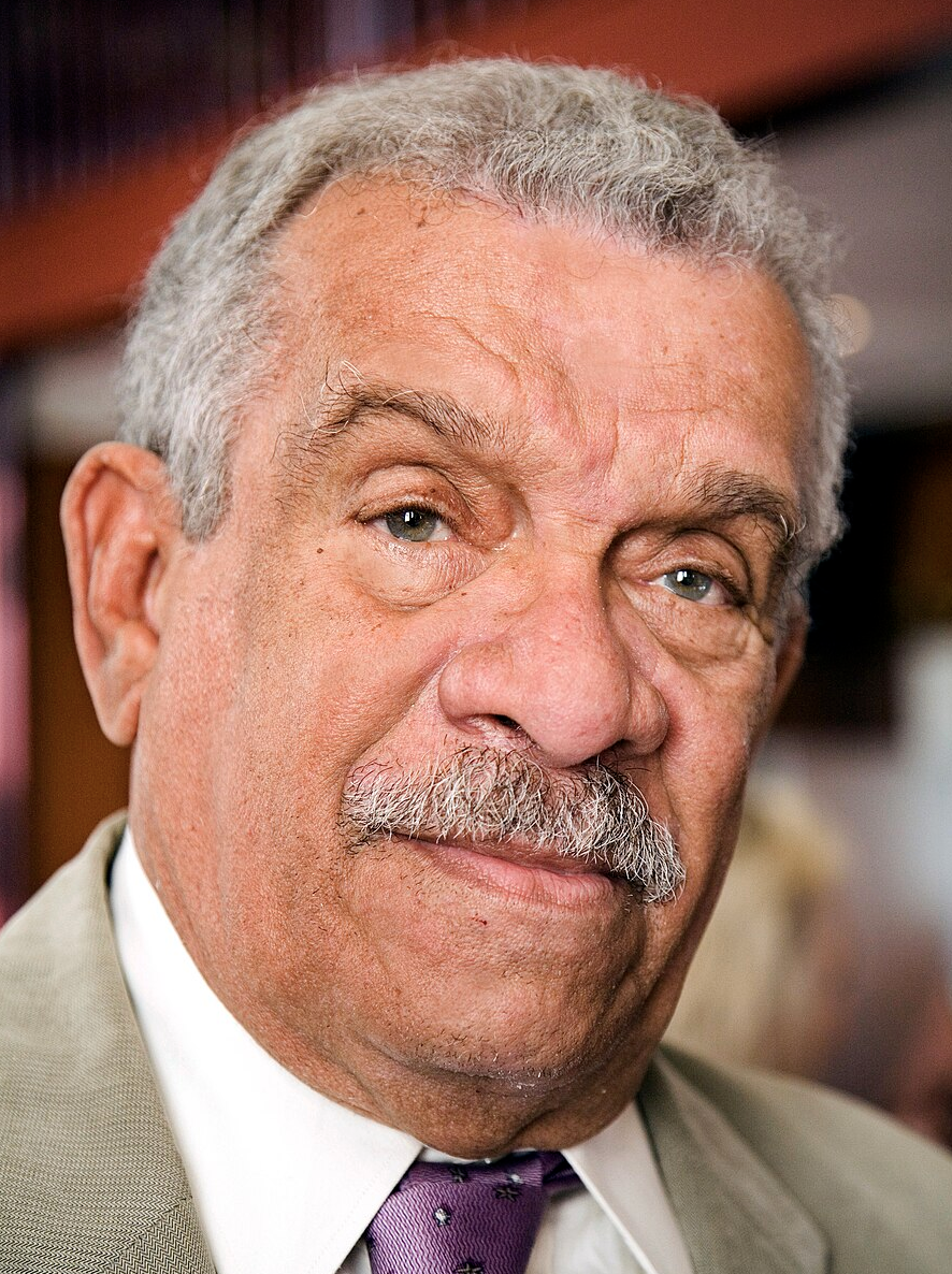 A color photograph of Derek Walcott, with short curly gray hair, a mustache, and a thoughtful expression.