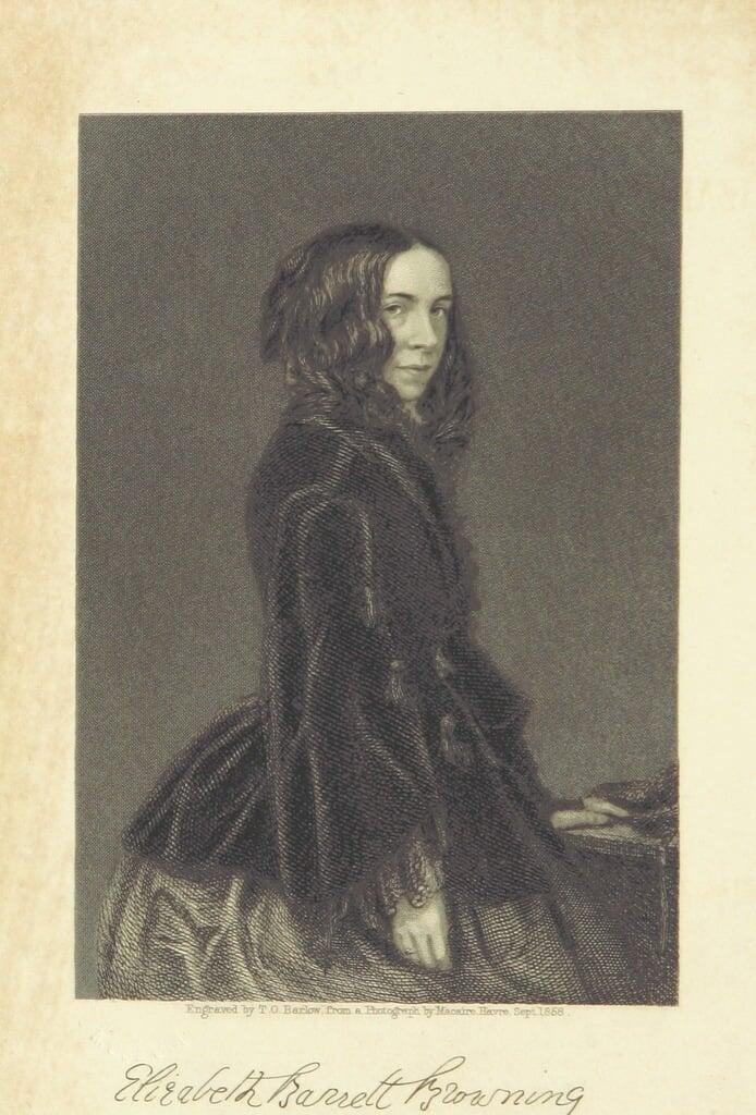 A vintage engraved portrait of Elizabeth Barrett Browning, depicted in a dark gown with wavy hair, seated in a formal pose.