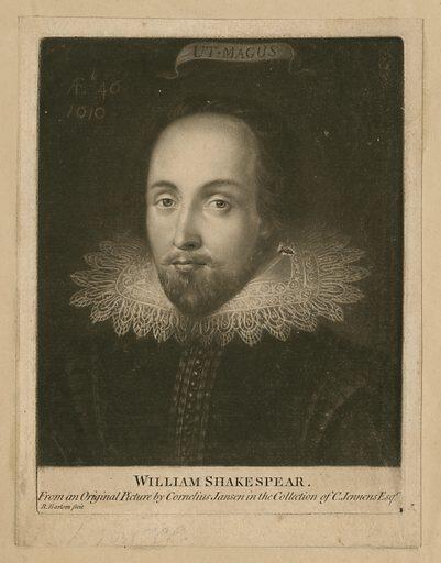 An antique engraving of William Shakespeare, wearing an Elizabethan ruff collar, with a serious expression.