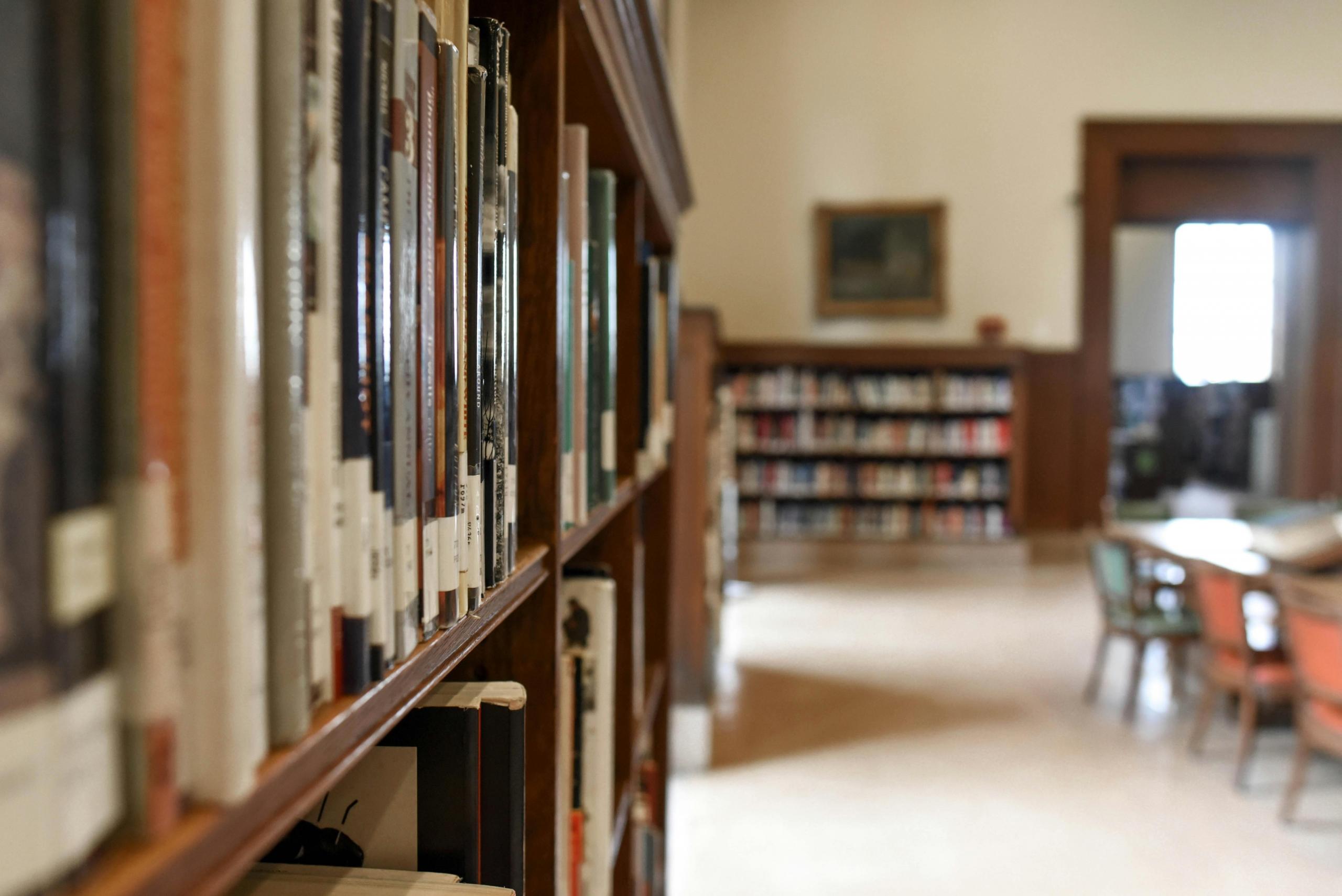A row of books in a library.
