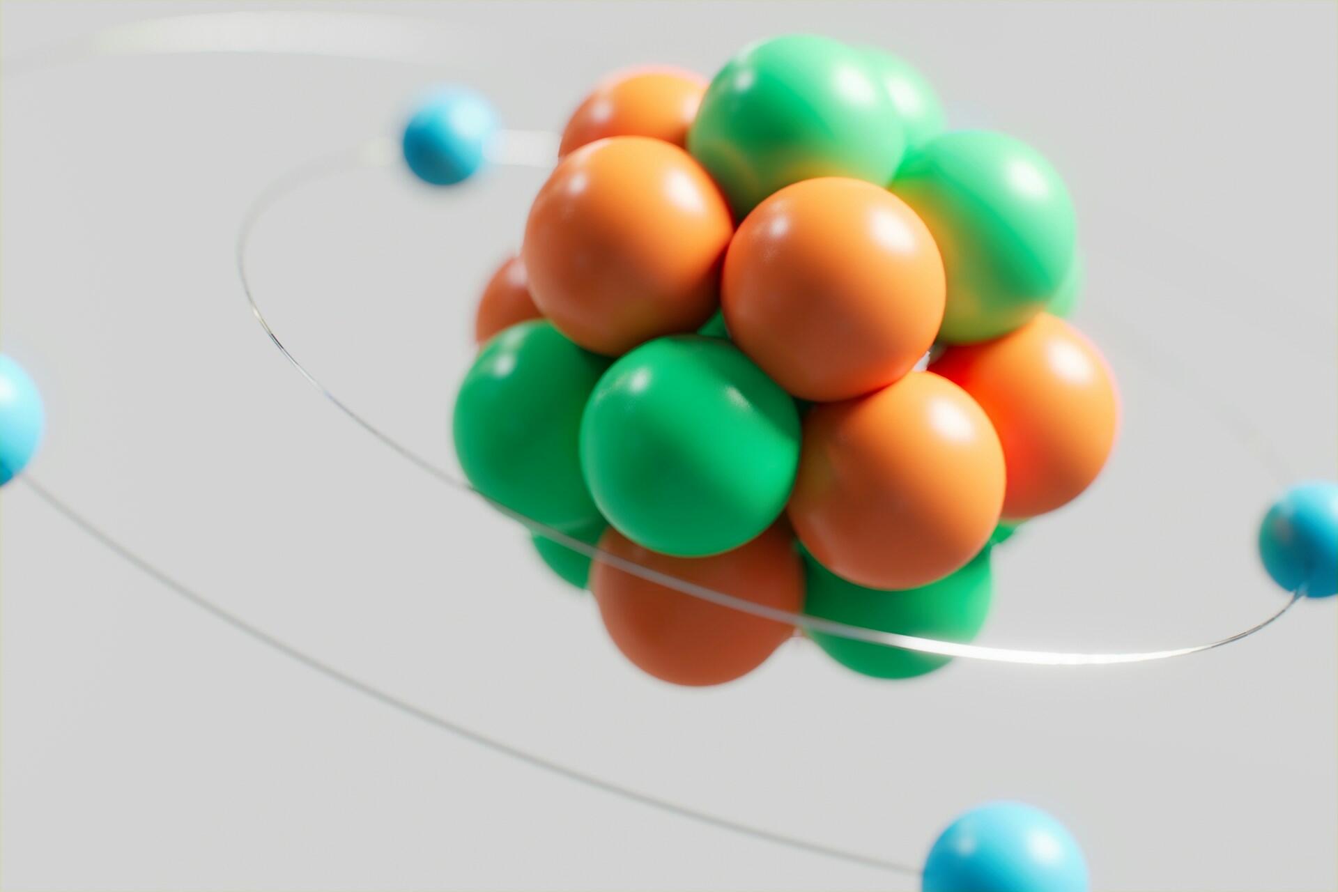 3D model of an atom showing the nucleus and electrons with thin circular paths outlined