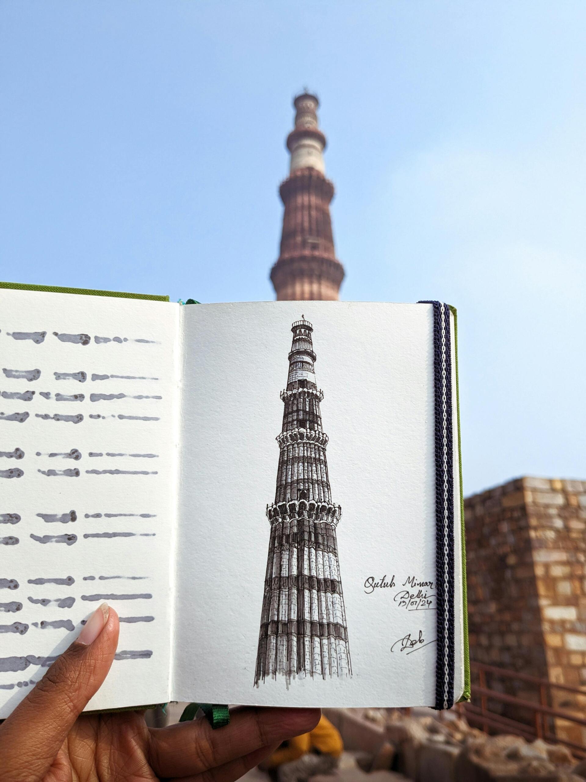 A real-life building shown alongside a detailed notebook sketch of its structure and features, blending architectural observation with artistic interpretation.