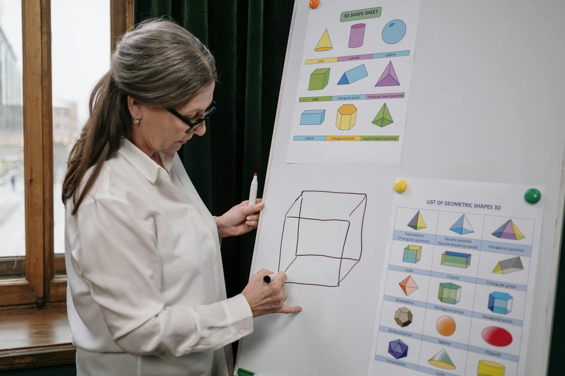 Woman drawing a 3D cube on a whiteboard with geometric shape charts pinned above and beside her.