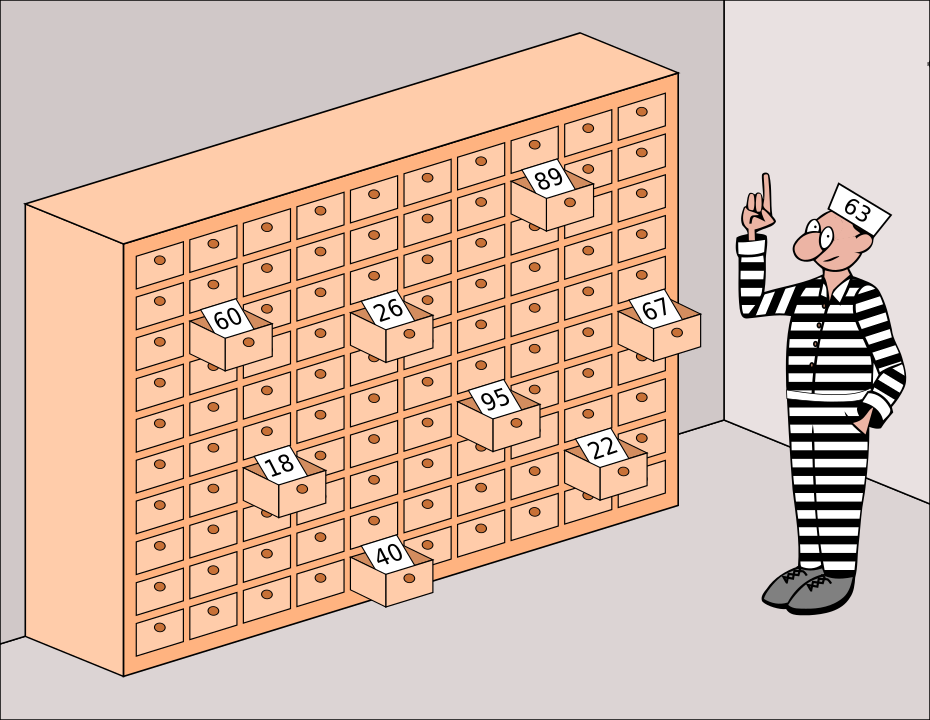 Cartoon drawing of a prisoner in striped uniform standing next to a large wooden card catalog with several drawers slightly open revealing white papers.