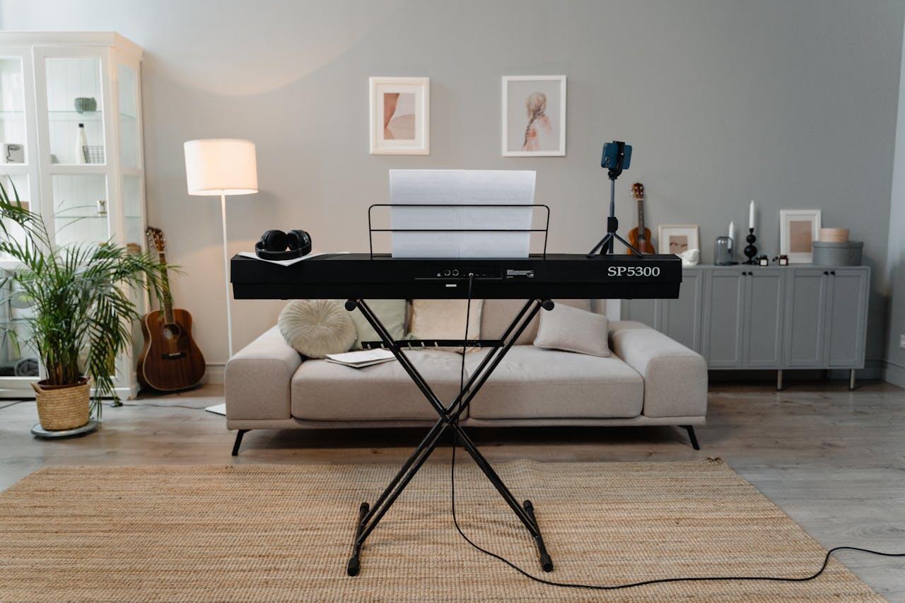 A digital keyboard on a stand with sheet music, headphones, and a microphone, set in a cozy living room with plants and a sofa.