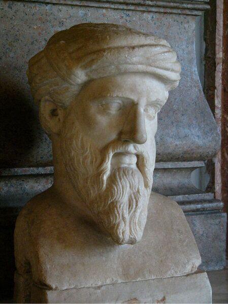 A marble bust of Pythagoras depicts the ancient Greek philosopher with a bearded face and detailed features, capturing his thoughtful expression.The original uploader was Galilea at German Wikipedia., CC BY-SA 3.0 <http://creativecommons.org/licenses/by-sa/3.0/>, via Wikimedia Commons