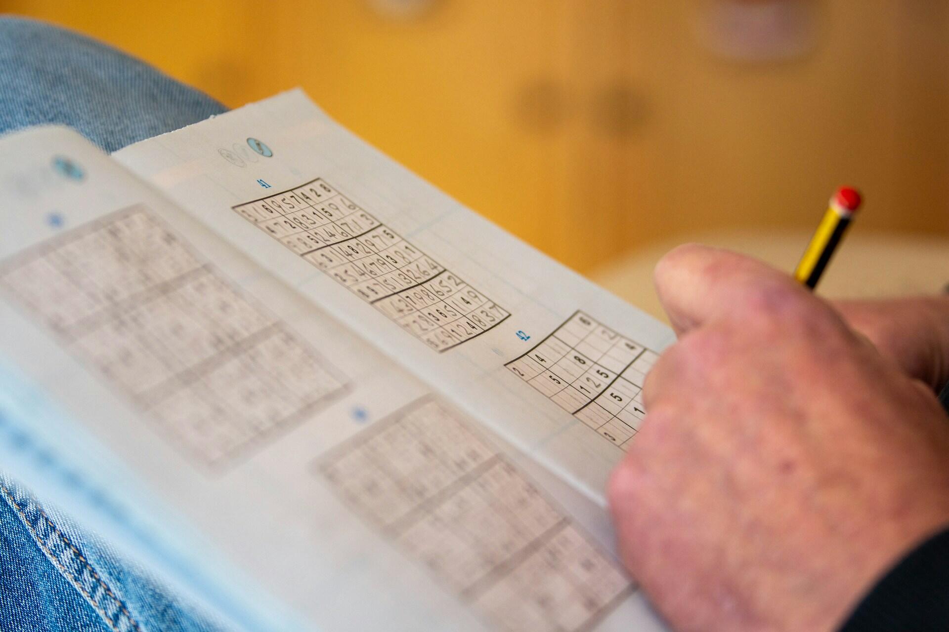 Person solving a number puzzle, likely Sudoku, in a book with a pencil resting near filled grids.