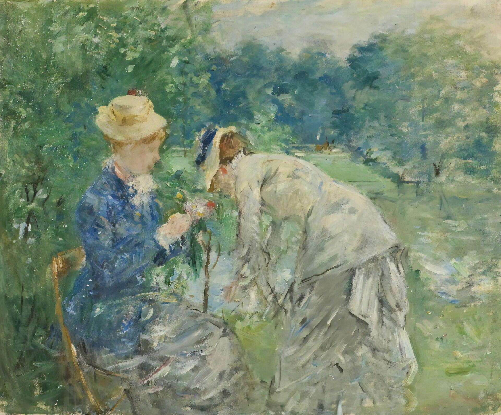Two women in a lush garden, one seated and holding flowers, the other bending down. The scene is vibrant with greens and soft brushwork.
