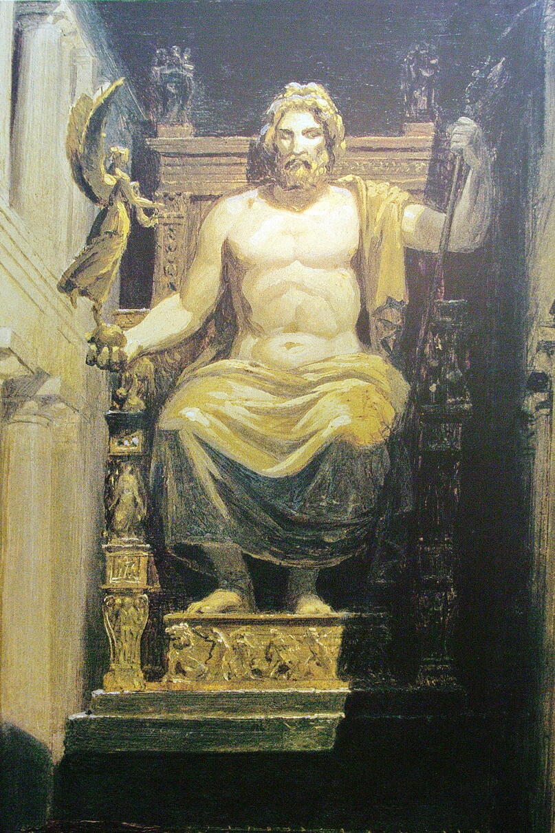 Artistic reconstruction of the colossal Statue of Zeus at Olympia seated on an ornate throne.