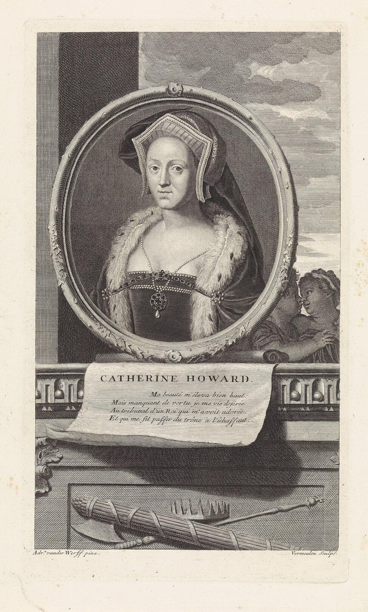 A historical engraving of Catherine Howard, featuring elaborate attire and an inscription below her portrait.